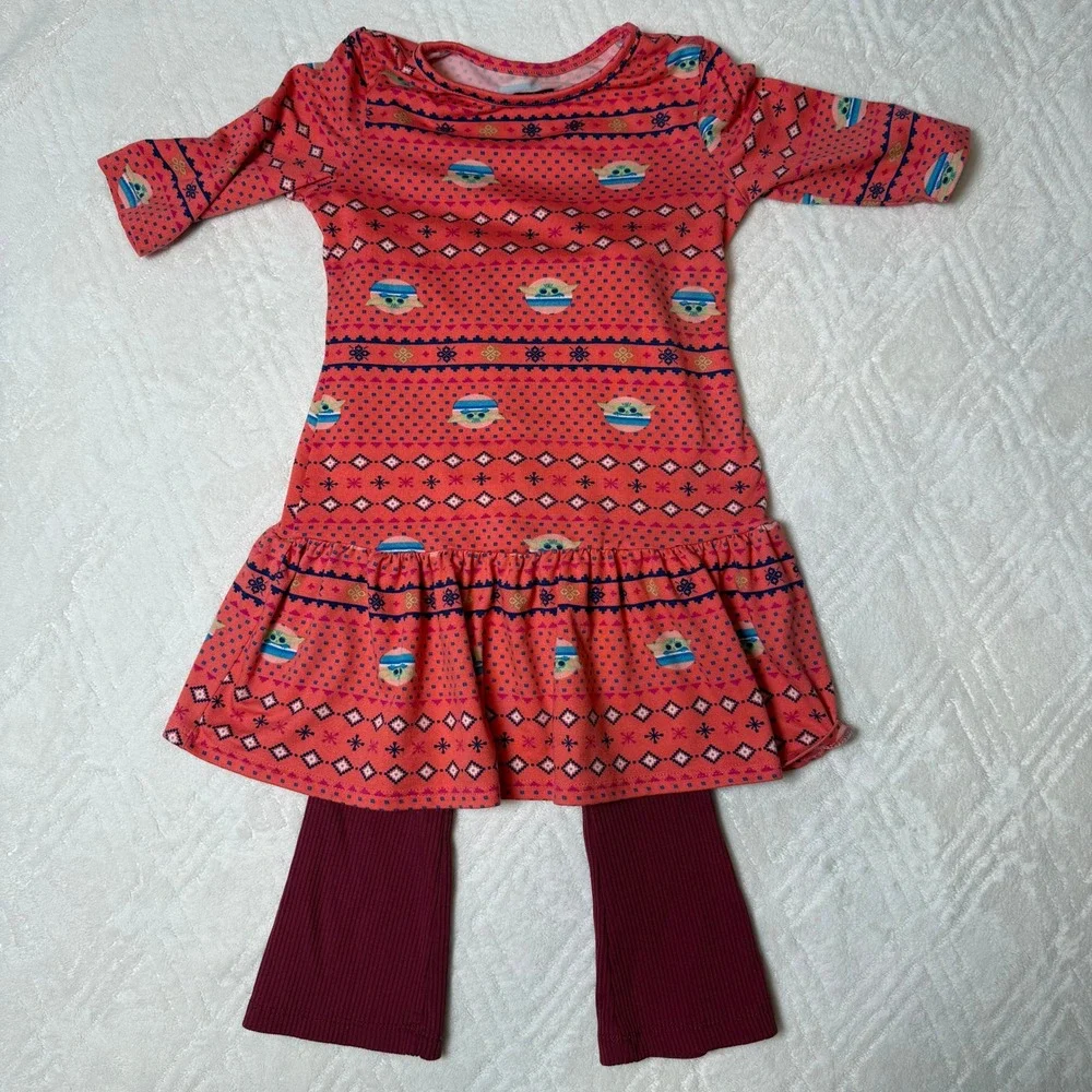 Fair Isle Holiday Star Wars Grogu Girls Dress Flare Leggings Set 4T 4/5